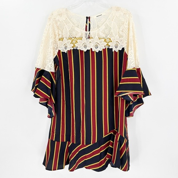 Bluheaven Black Red Striped Bell Sleeve Ruffle Hem Lace Shift Dress Size Medium - Picture 2 of 13